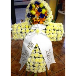 flower cross for funeral. funeral cross. funeral flowers in drama